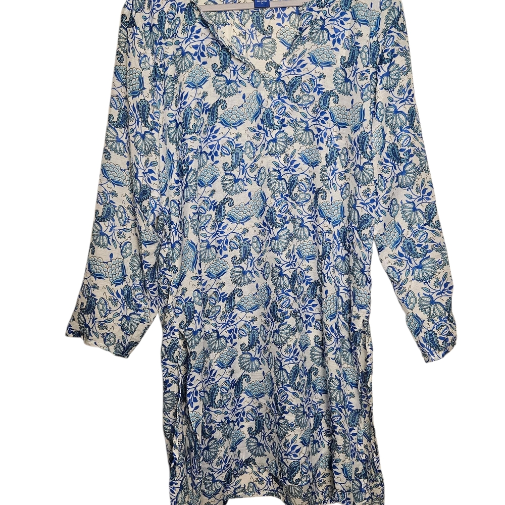 Raj Blue and White Floral Tunic Cover Up Top One Size